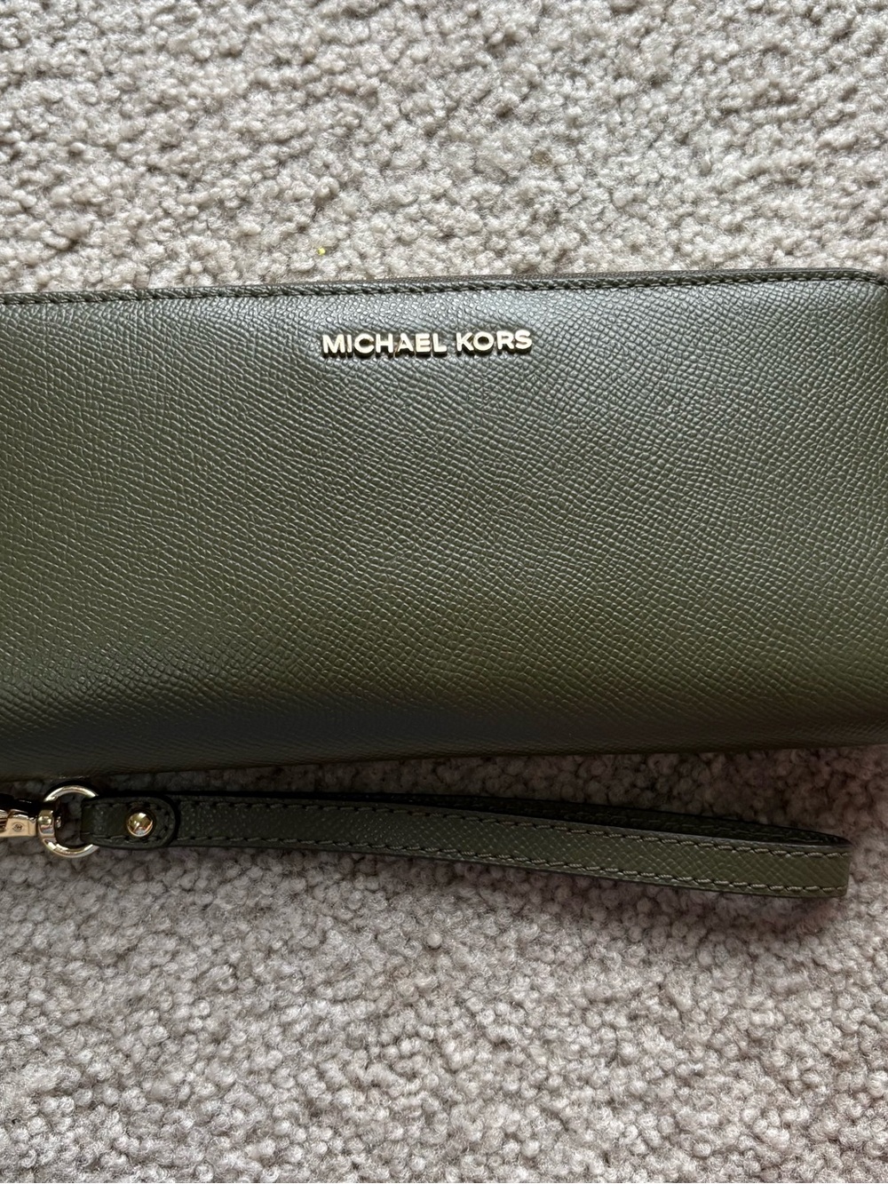 Michael Kors Olive Green Textured Saffiano Wristlet with Gold Logo